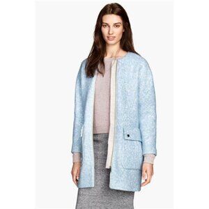 H&M Womens 3/4 Sleeve Wool Blend Boucle Fully Lined Blue Collarless Coat Size 6